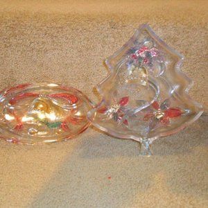 2 Savior Vivre Christmas Tree Shaped Glass Bells Poinsettia Candy Cookie Dish